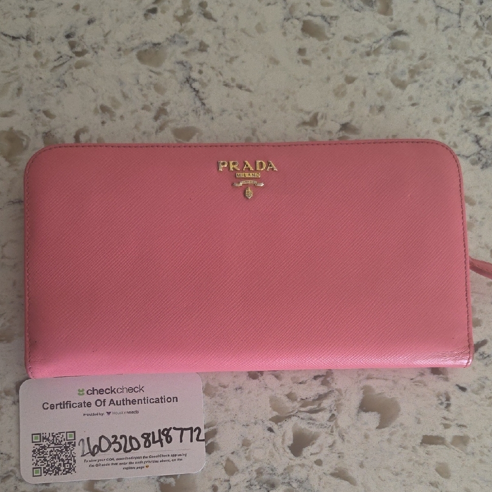 Prada Pink Saffiano Leather Zip Wristlet/Passport Holder with COA